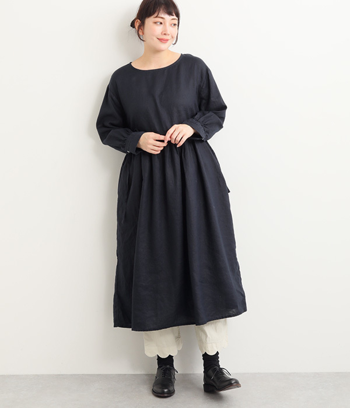14番手リネン ウエスト調節ギャザーワンピース(ネイビー-ONESIZE)