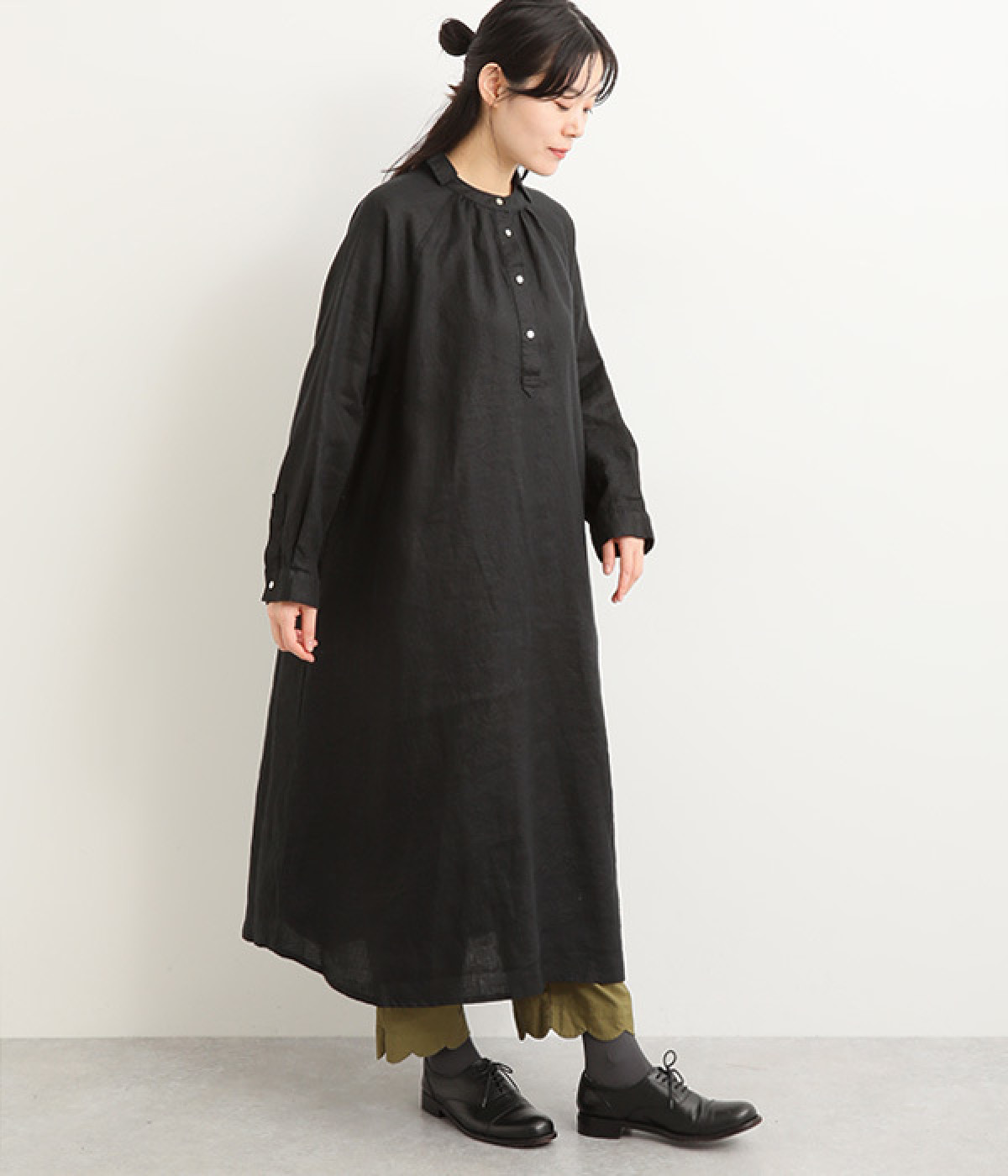 14番手リネン ヘンリーあきワンピース(ブラック-ONESIZE)