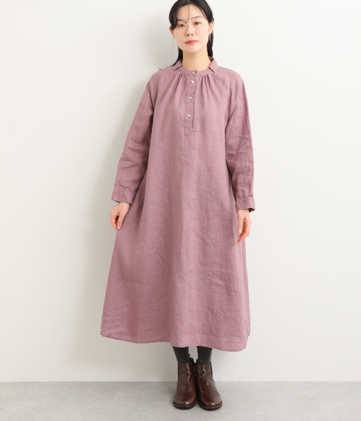 14番手リネン ヘンリーあきワンピース(ダスティパープル-ONESIZE)