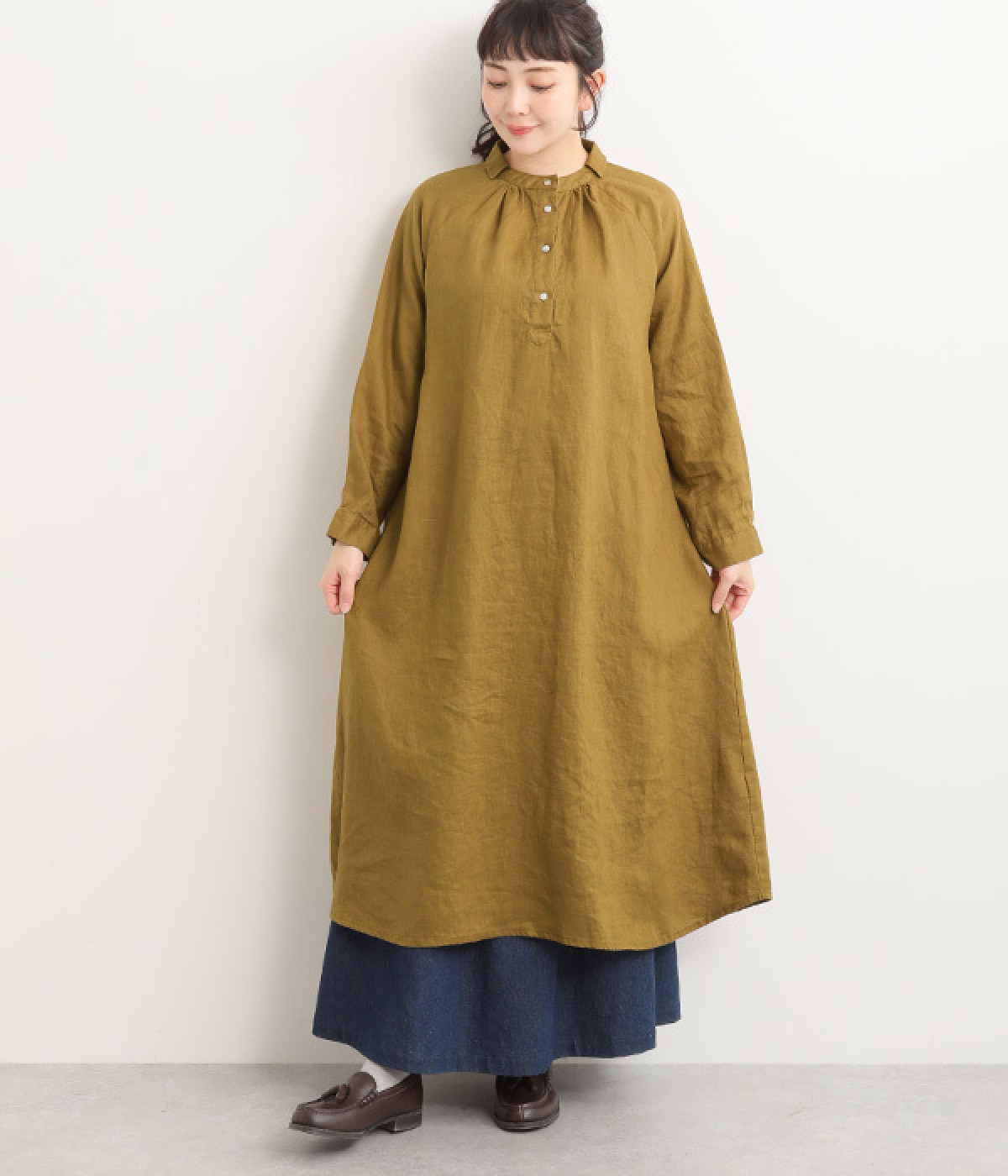 14番手リネン ヘンリーあきワンピース(マスタード-ONESIZE)