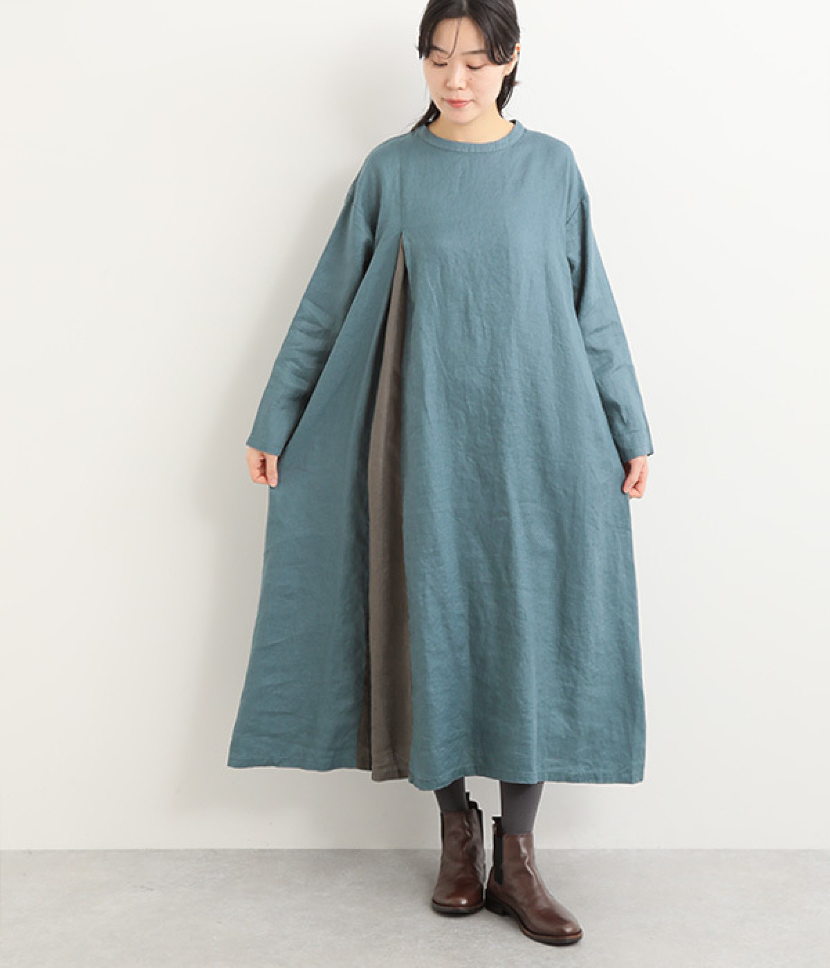14番手リネン サイド配色切り替えワンピース(ダルブルー×チャコール-ONESIZE)