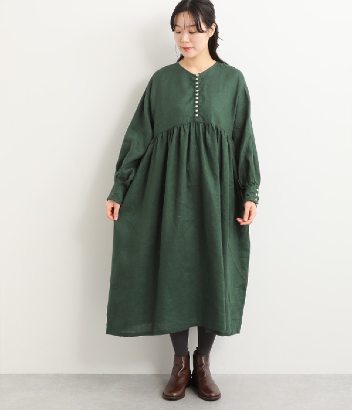 14番手リネン 袖口タックデザインワンピース(ダークグリーン-ONESIZE)