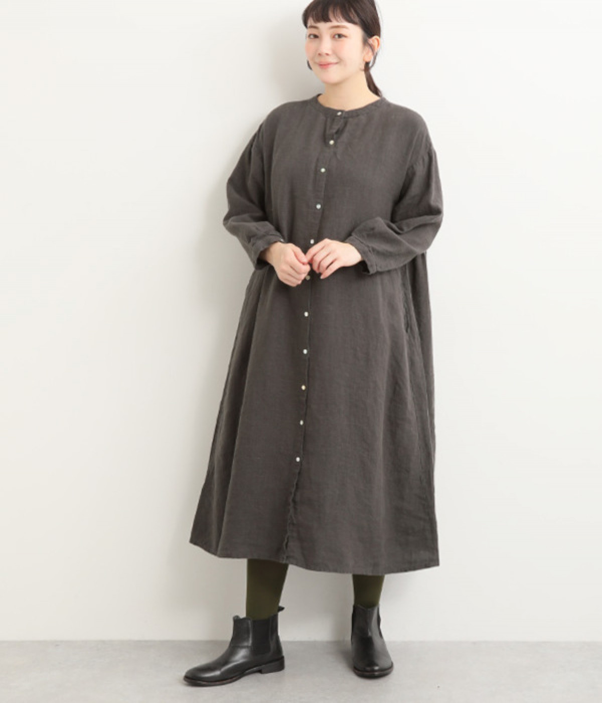 厚手リネン2WAYサイドギャザーワンピース(チャコール-ONESIZE)