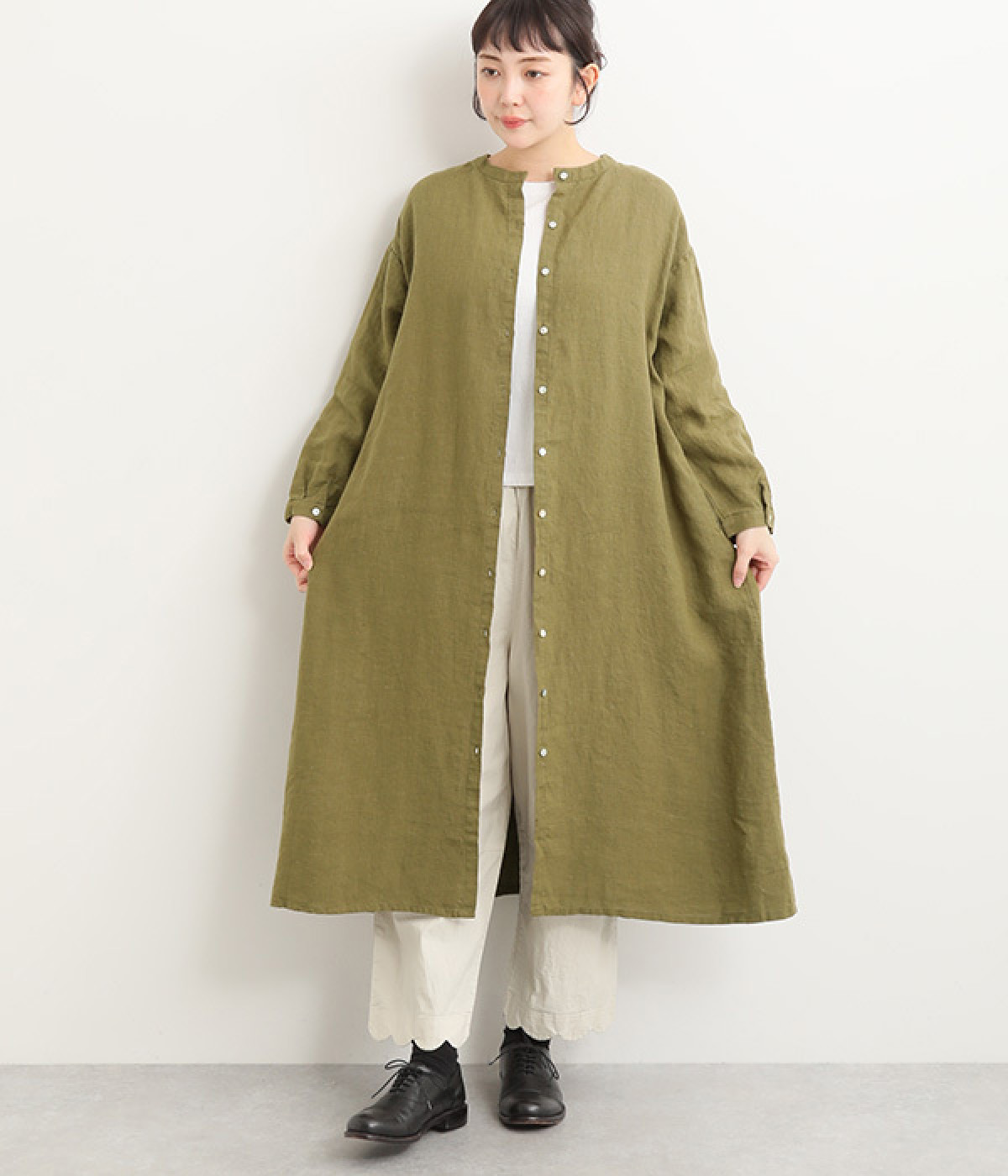 厚手リネン2WAYサイドギャザーワンピース(モスグリーン-ONESIZE)
