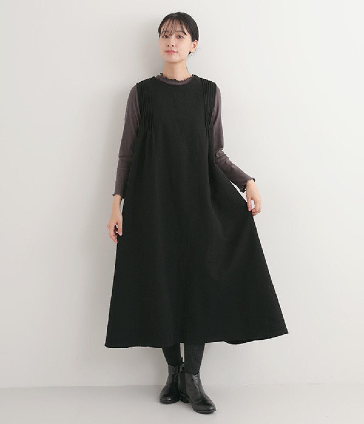 コットンリネンダブルガーゼ 2WAYジャンパーワンピース(ブラック-ONESIZE)