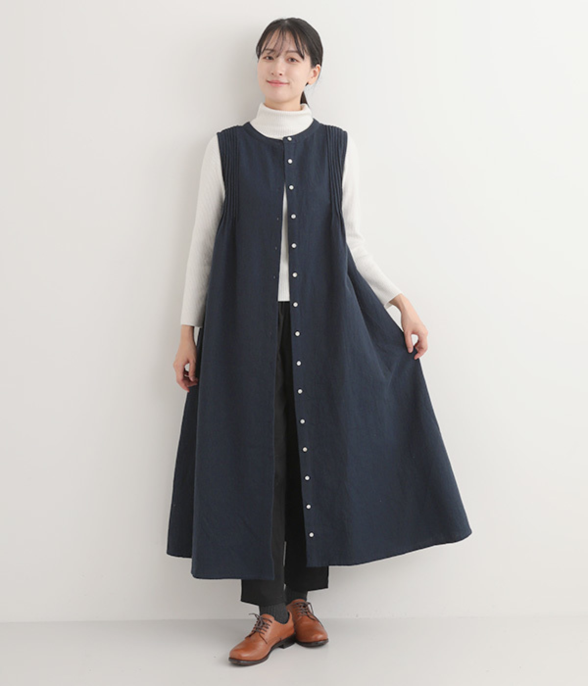 コットンリネンダブルガーゼ 2WAYジャンパーワンピース(ネイビー-ONESIZE)