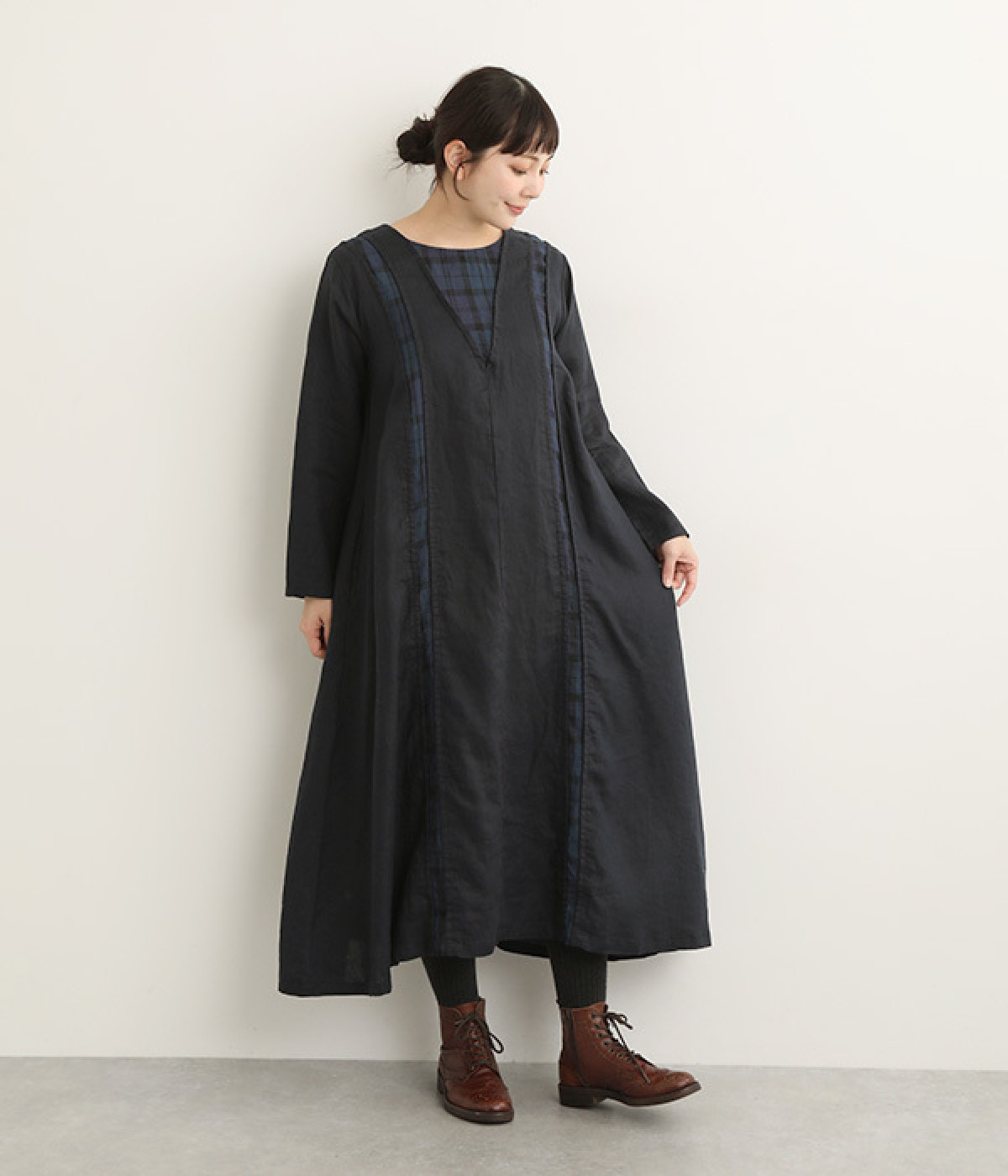 14番手リネン 配色パッカリングワンピース(ネイビー×ネイビーチェック-ONESIZE)
