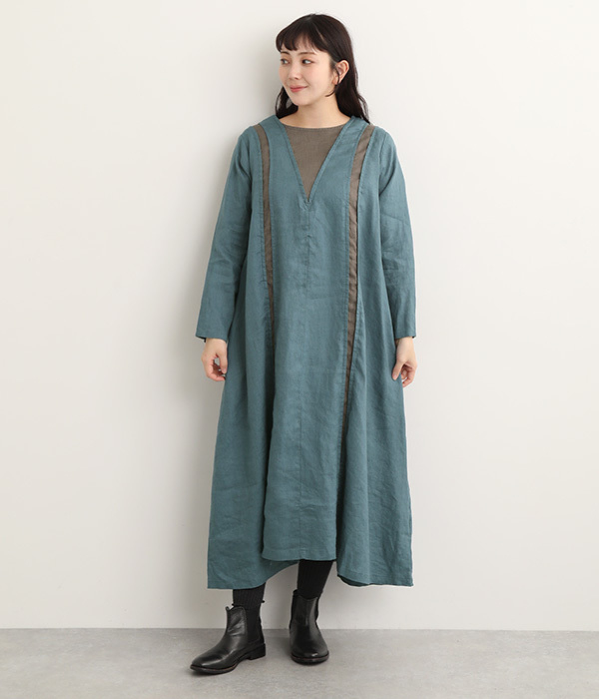 14番手リネン 配色パッカリングワンピース(ダルブルー×チャコール-ONESIZE)