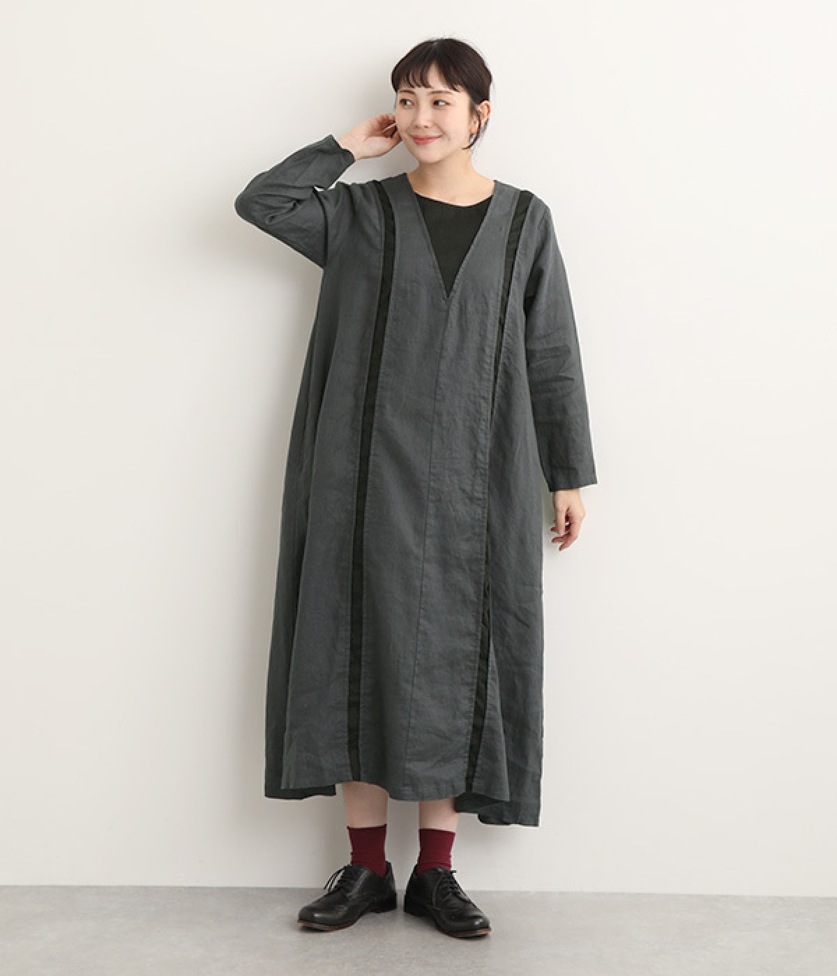 14番手リネン 配色パッカリングワンピース(アッシュグリーン×ブラック-ONESIZE)
