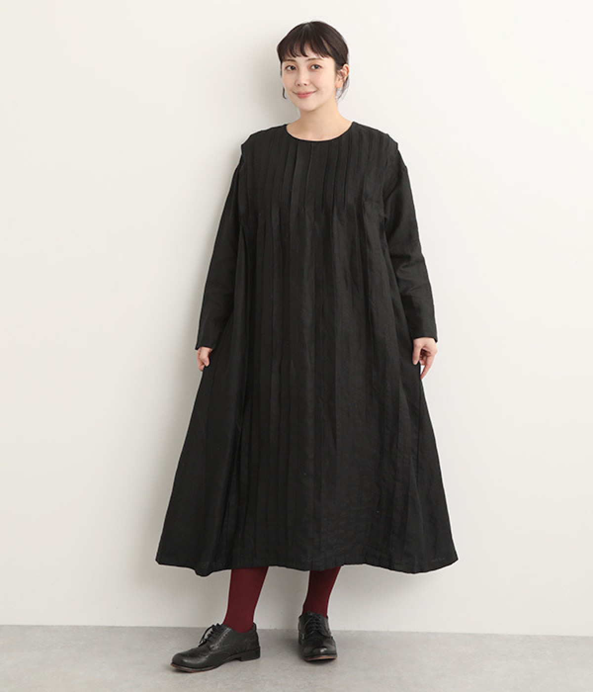 14番手リネン ピンタックバリエーションワンピース(ブラック-ONESIZE)
