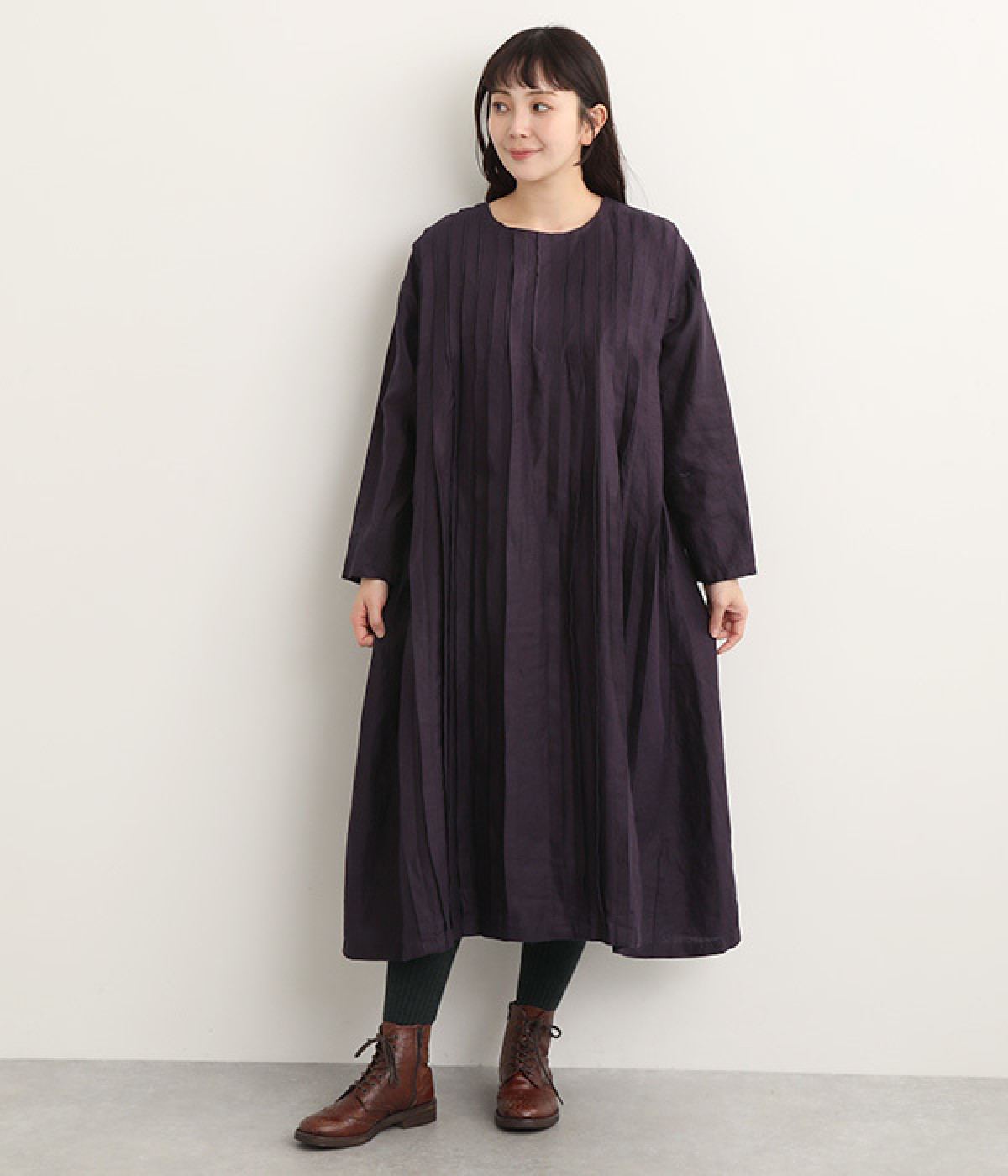 14番手リネン ピンタックバリエーションワンピース(パープル-ONESIZE)
