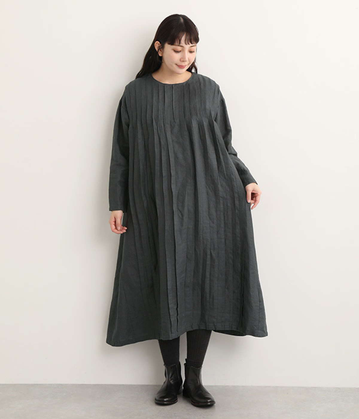 14番手リネン ピンタックバリエーションワンピース(アッシュグリーン-ONESIZE)
