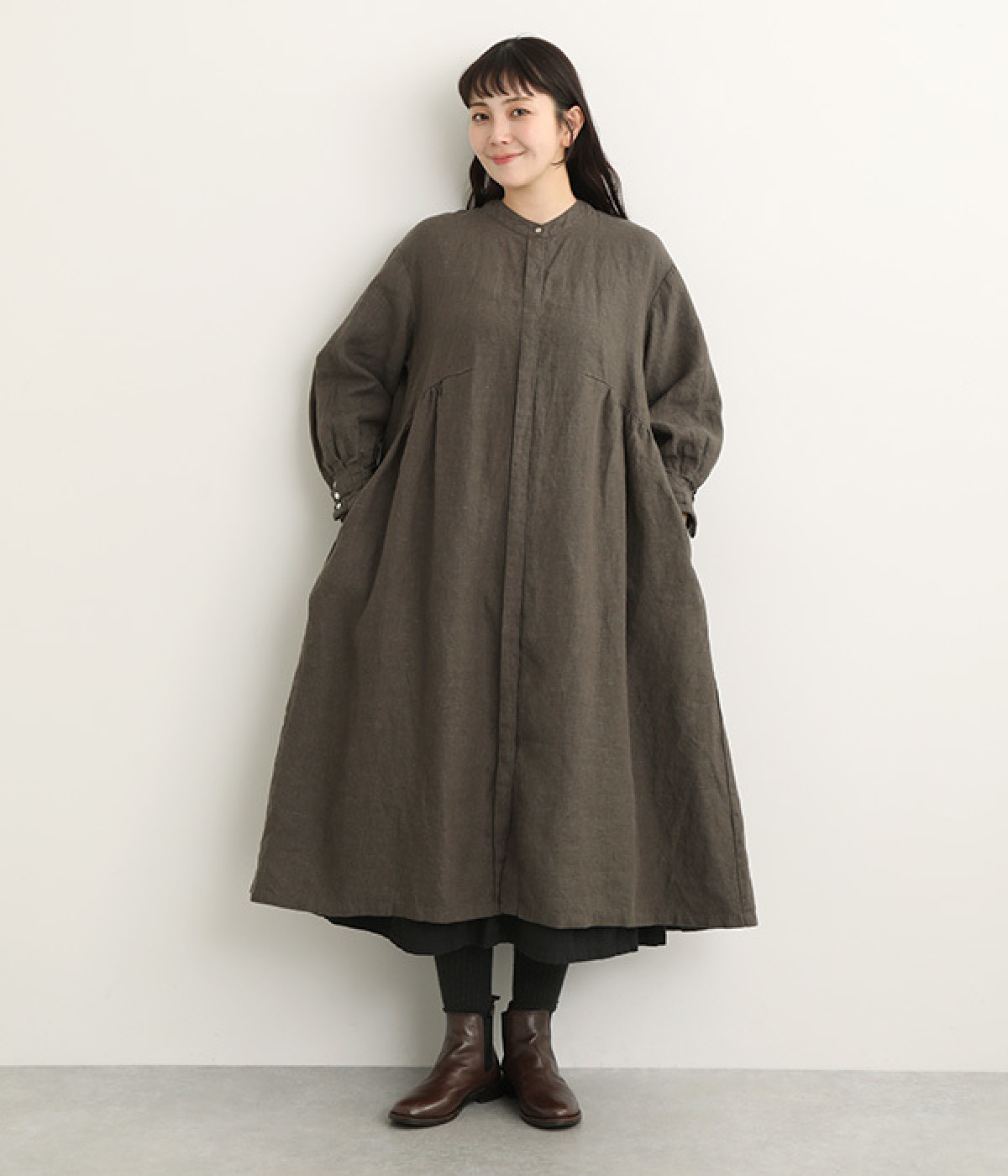 9番手リネン 配色切り替えワンピース(チャコール×パープル-ONESIZE)
