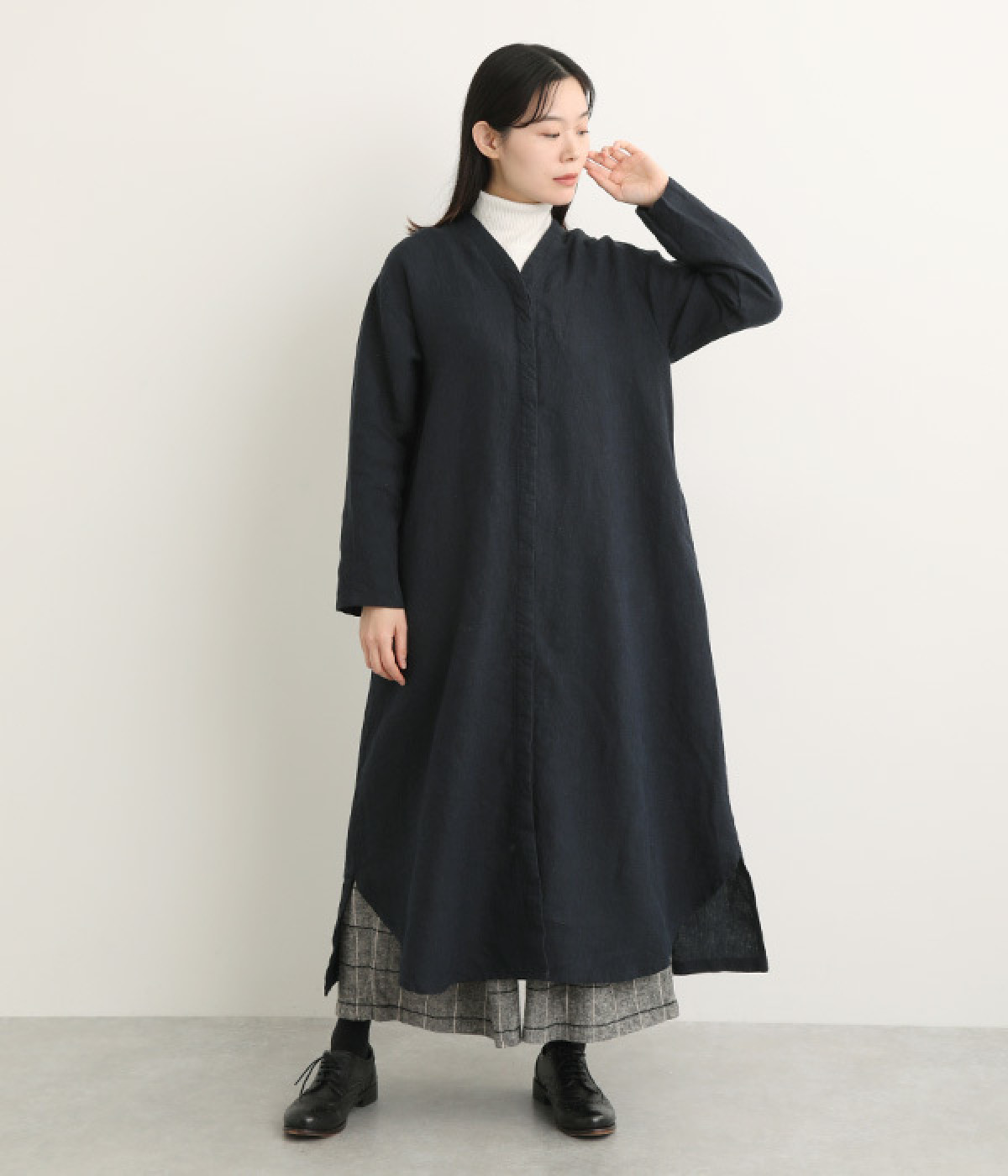 9番手リネン 比翼あきワンピース(ネイビー-ONESIZE)