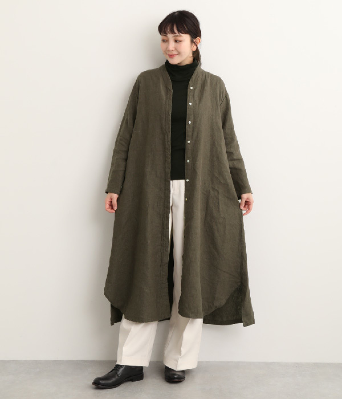 9番手リネン 比翼あきワンピース(チャコール-ONESIZE)
