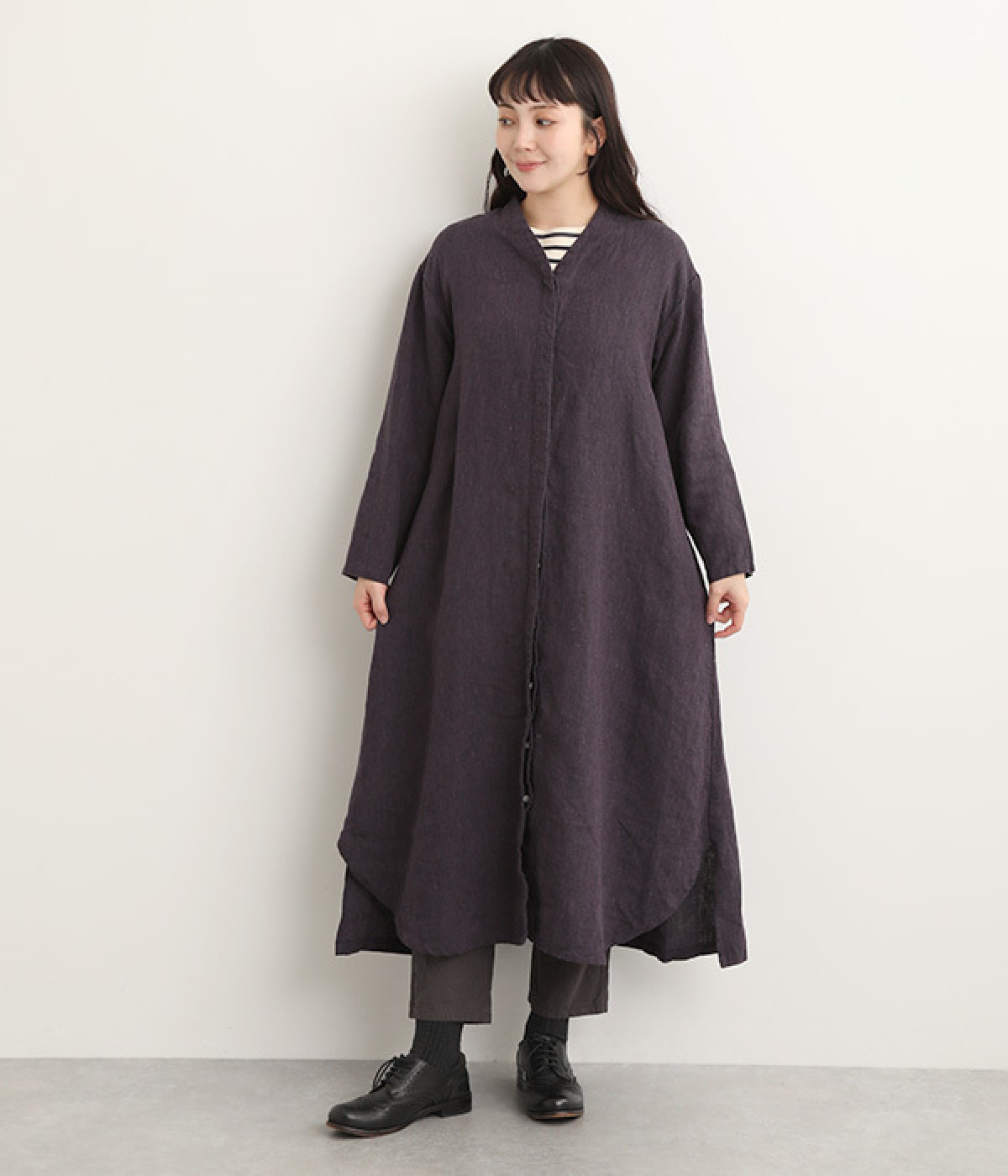 9番手リネン 比翼あきワンピース(パープル-ONESIZE)