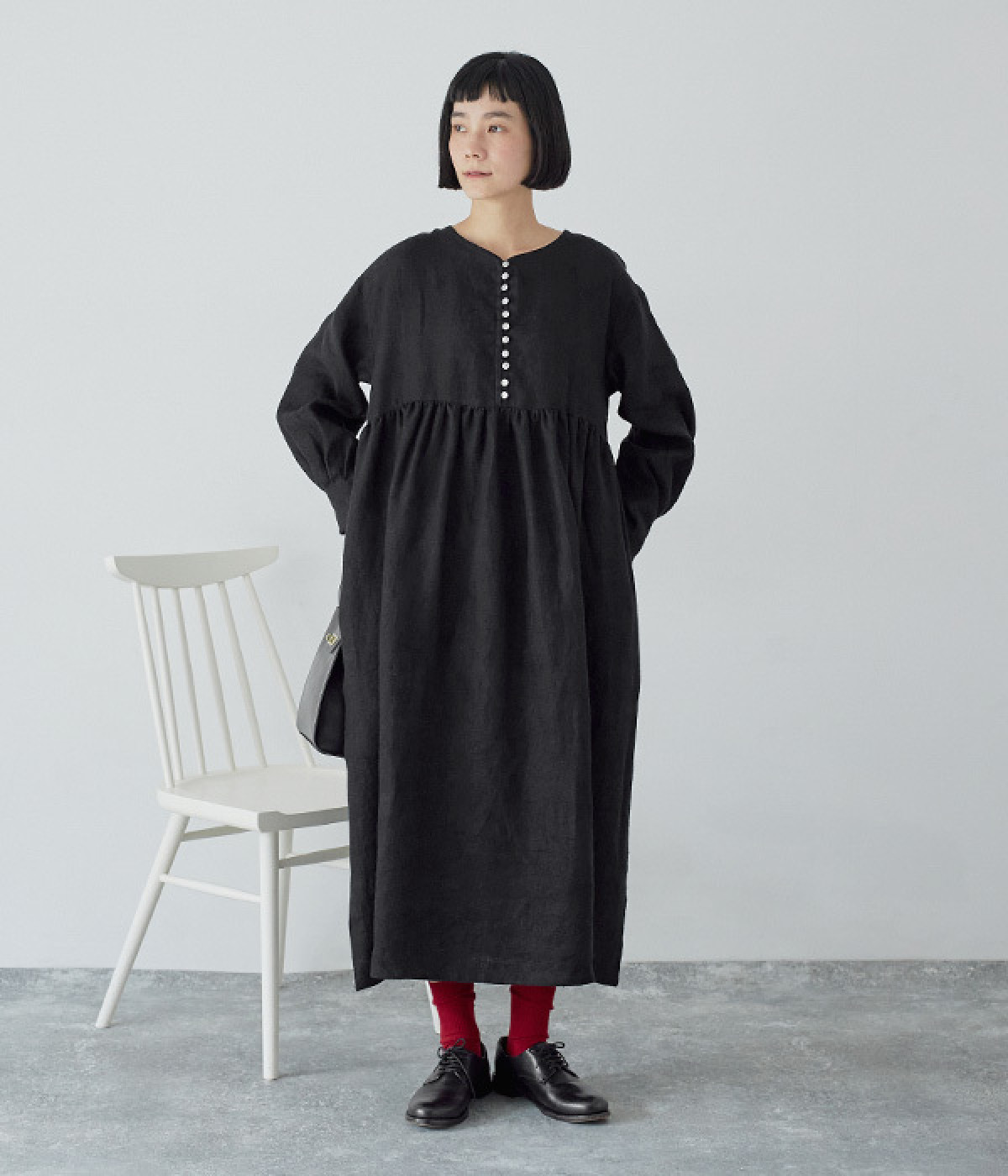 別注｜9番手リネンヘリンボーンボリューム袖ワンピース(スミクロ-ONESIZE)