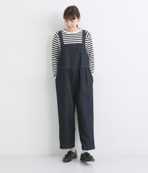 コットンリネンデニムギャザーサロペット
