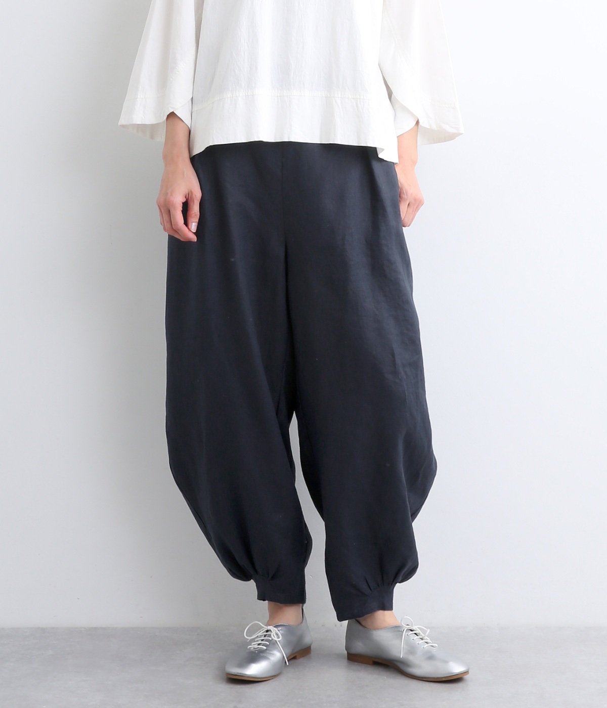 14番手リネン　後ゴム付きピエロパンツ(ネイビー-ONESIZE)