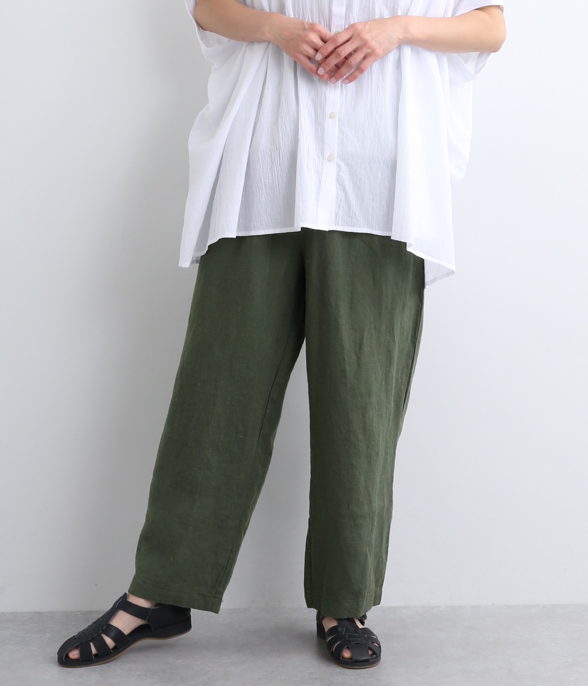 9番手リネン　サイドボタンパンツ(モスグリーン-ONESIZE)