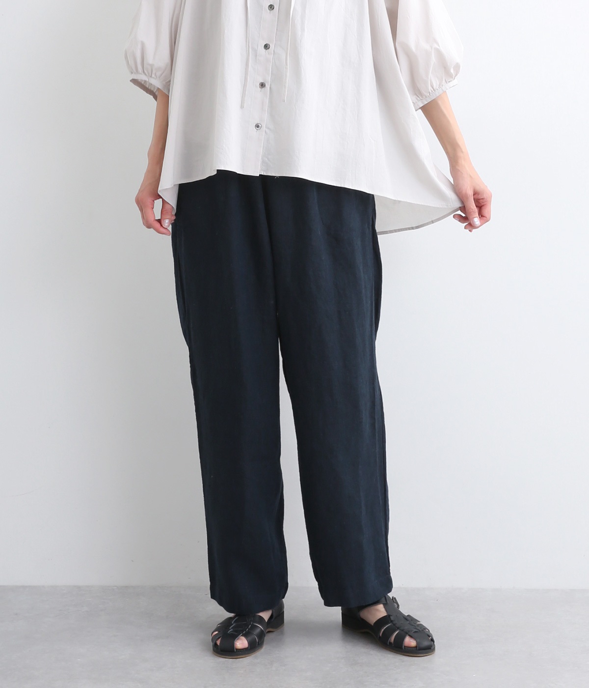 9番手リネン　サイドボタンパンツ(ネイビー-ONESIZE)