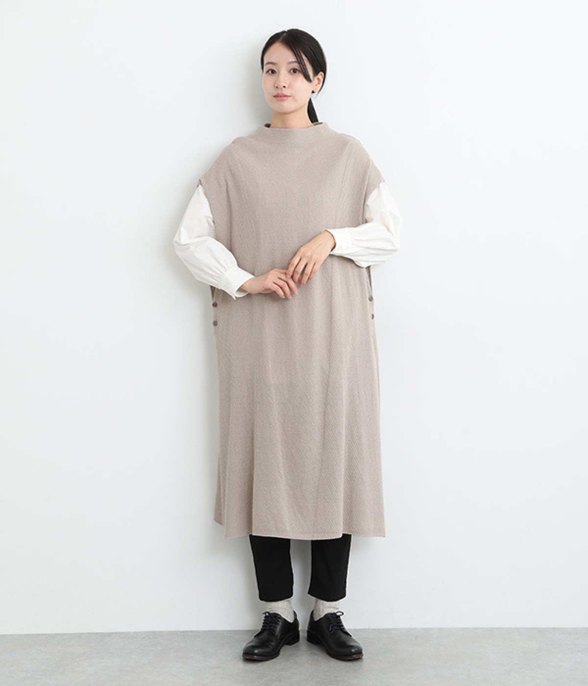 コットンリネンニット編地切り替えロングベスト(ベージュ-ONESIZE)