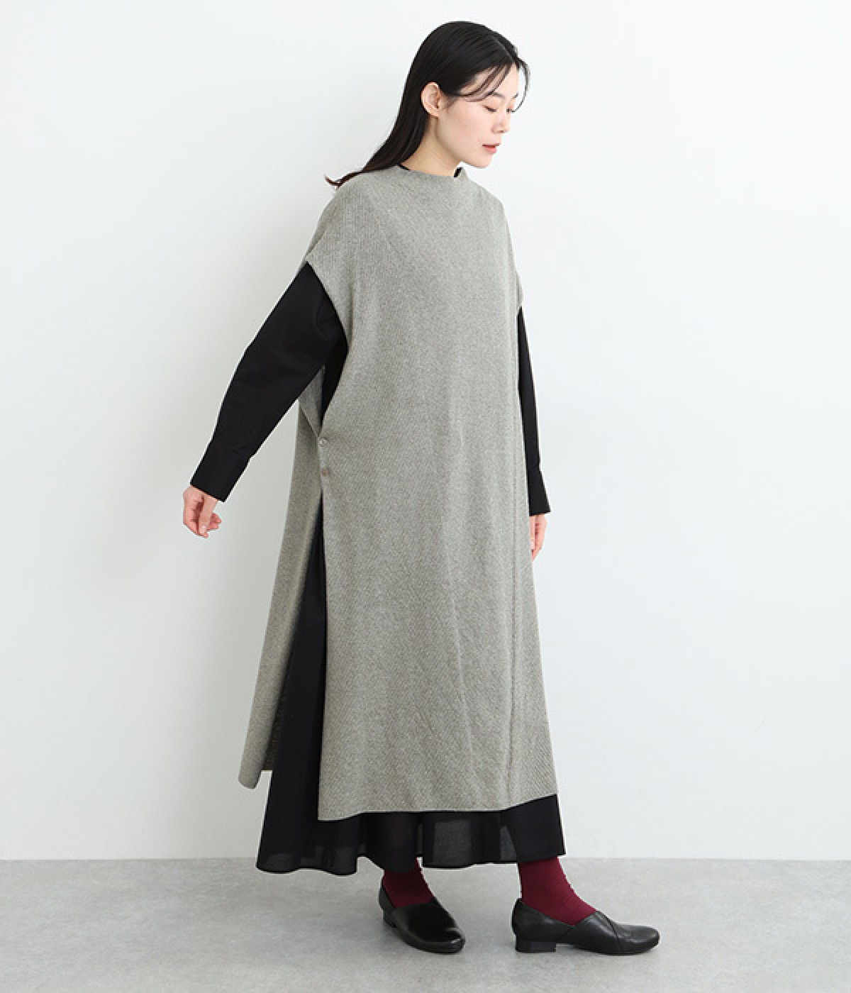 コットンリネンニット編地切り替えロングベスト(グレー-ONESIZE)