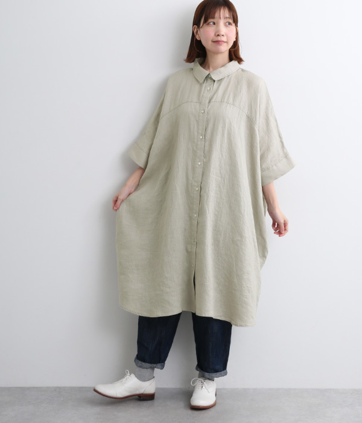 シャツ風チュニック(ベージュ-ONESIZE)