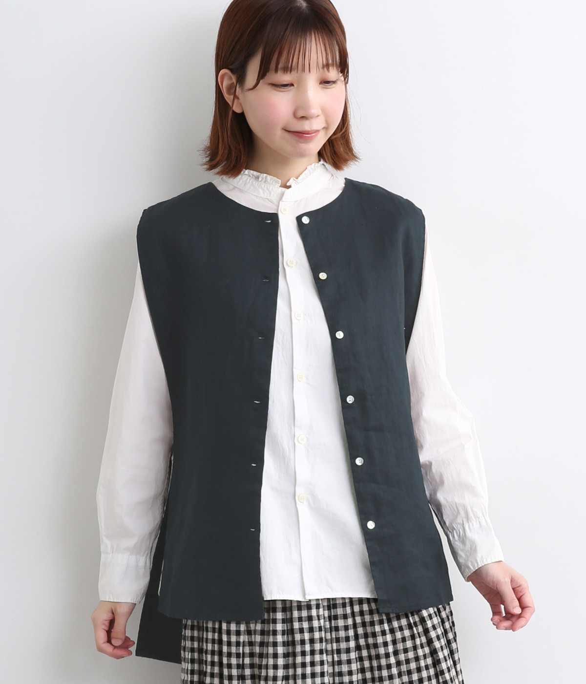14番手リネンボタンあきひも結びベスト(ネイビー-ONESIZE)