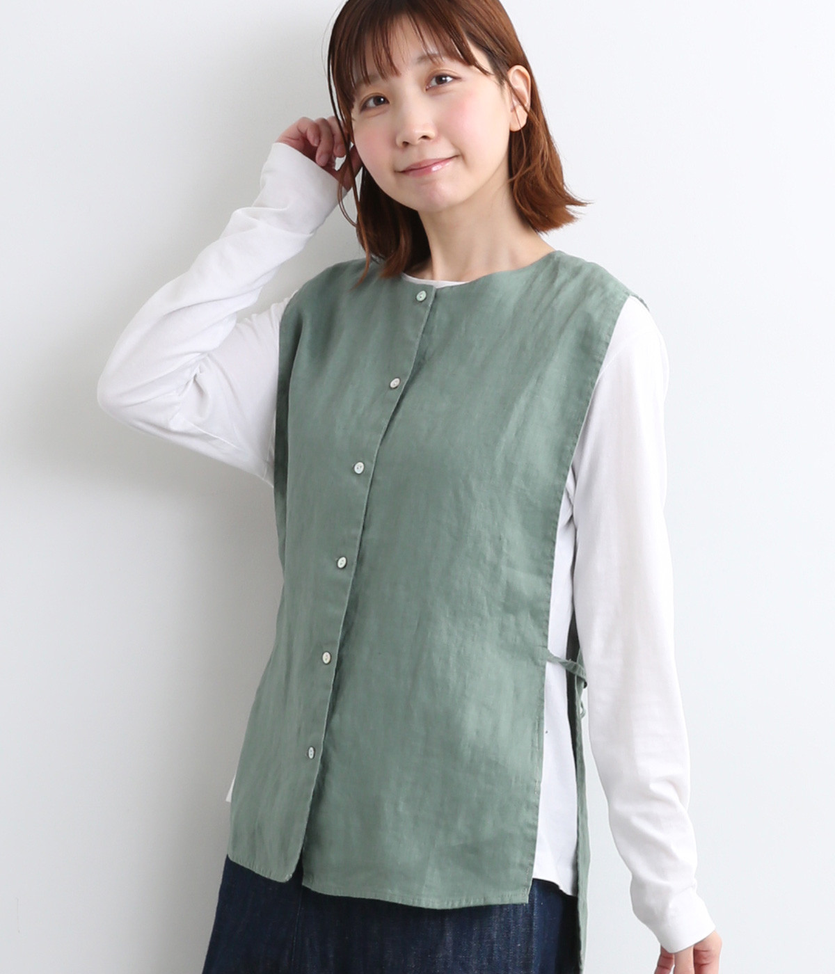 14番手リネンボタンあきひも結びベスト(ダルグリーン-ONESIZE)