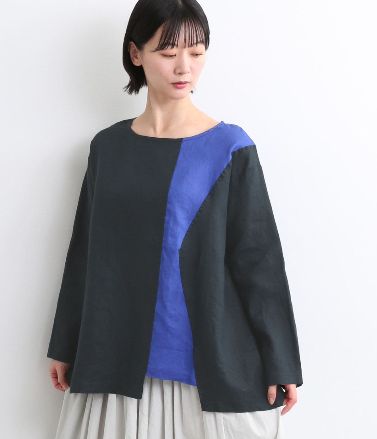 14番手リネン変形配色切り替えプルオーバー(ネイビー×ロイヤルブルー-ONESIZE)