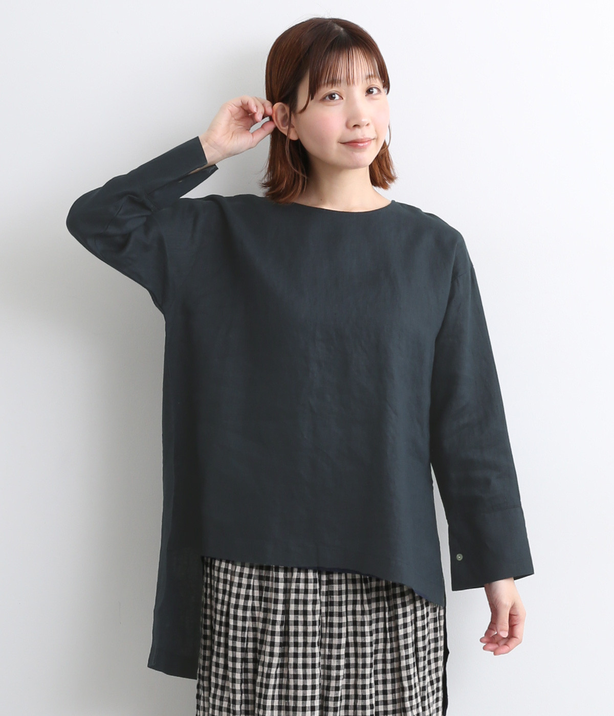 14番手リネン前後差サイドスリットプルオーバー(ネイビー-ONESIZE)