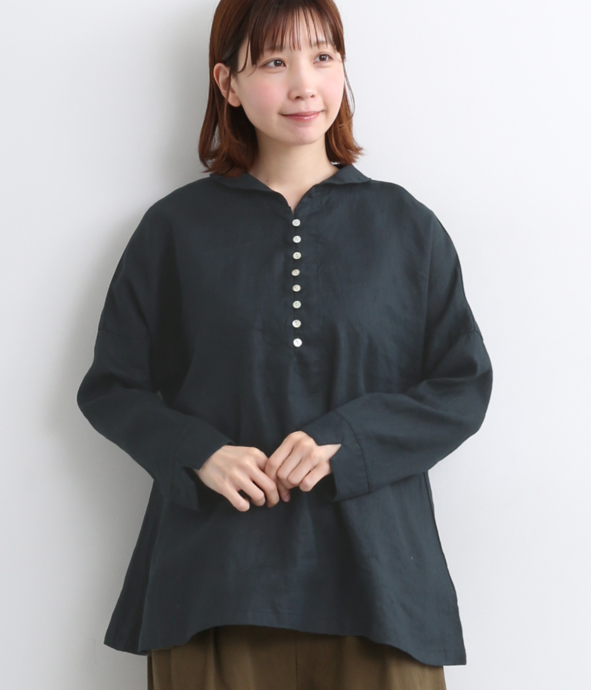 14番手リネン丸襟ヘンリーあきプルオーバー(ネイビー-ONESIZE)