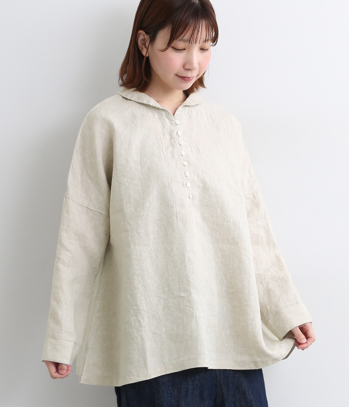 14番手リネン丸襟ヘンリーあきプルオーバー(キナリ-ONESIZE)