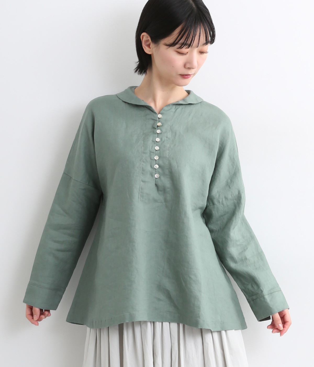 14番手リネン丸襟ヘンリーあきプルオーバー(ダルグリーン-ONESIZE)