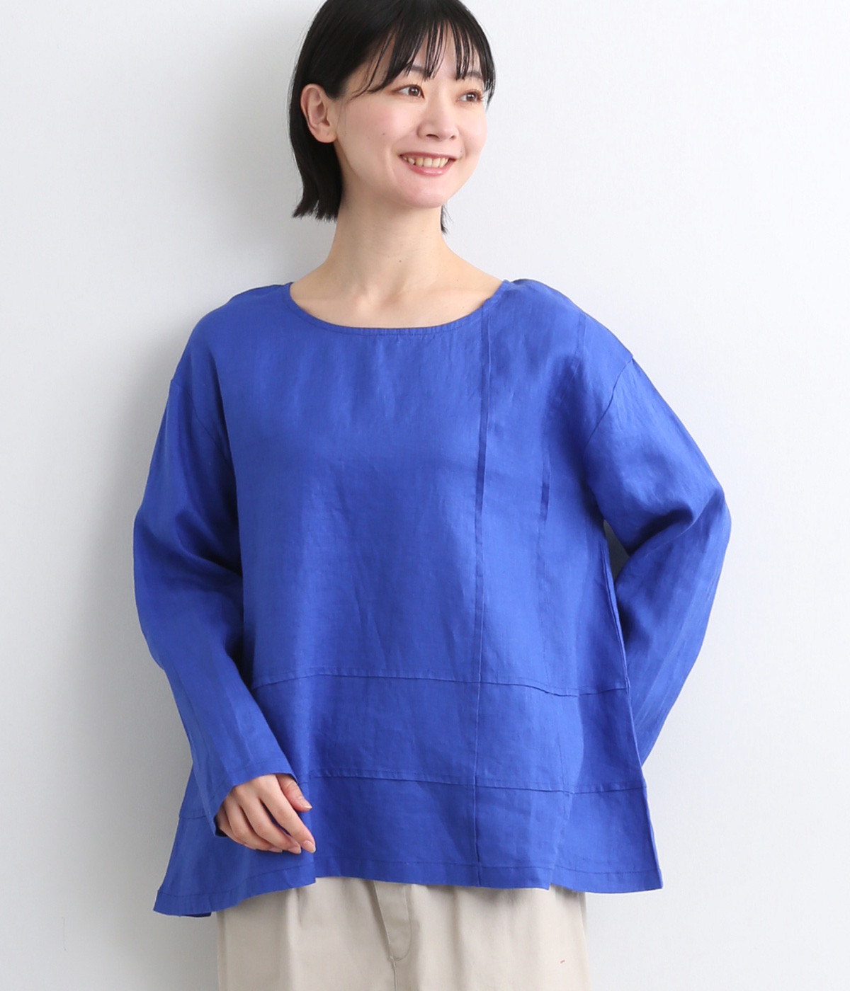 14番手リネンチェックピンタックプルオーバー(ロイヤルブルー-ONESIZE)