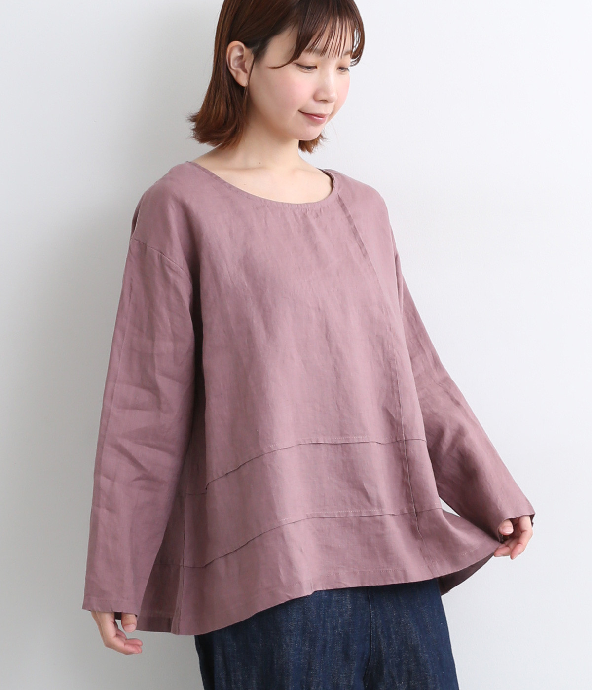 14番手リネンチェックピンタックプルオーバー(ダスティパープル-ONESIZE)