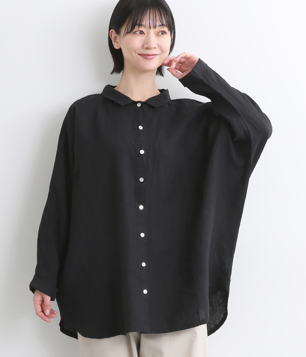 14番手リネンドルマンスリーブ切り替えシャツ(ブラック-ONESIZE)
