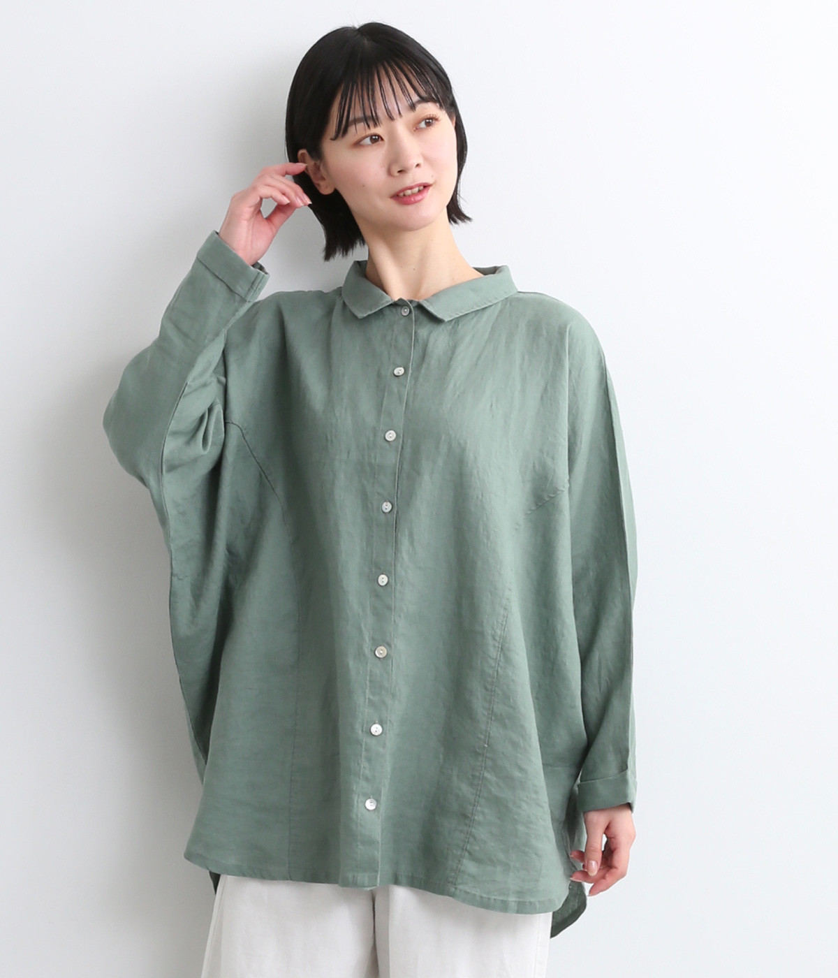 14番手リネンドルマンスリーブ切り替えシャツ(ダルグリーン-ONESIZE)