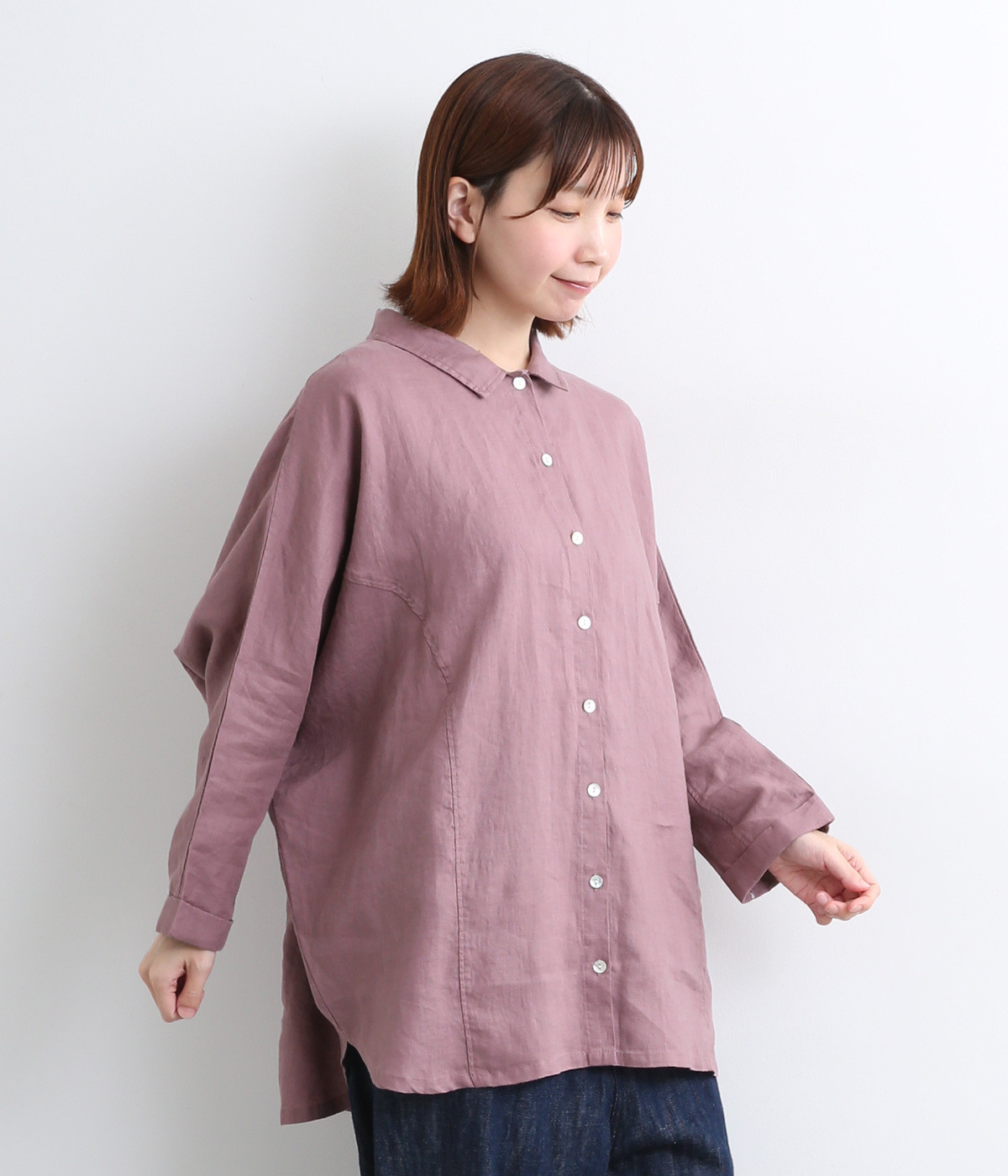 14番手リネンドルマンスリーブ切り替えシャツ(ダスティパープル-ONESIZE)