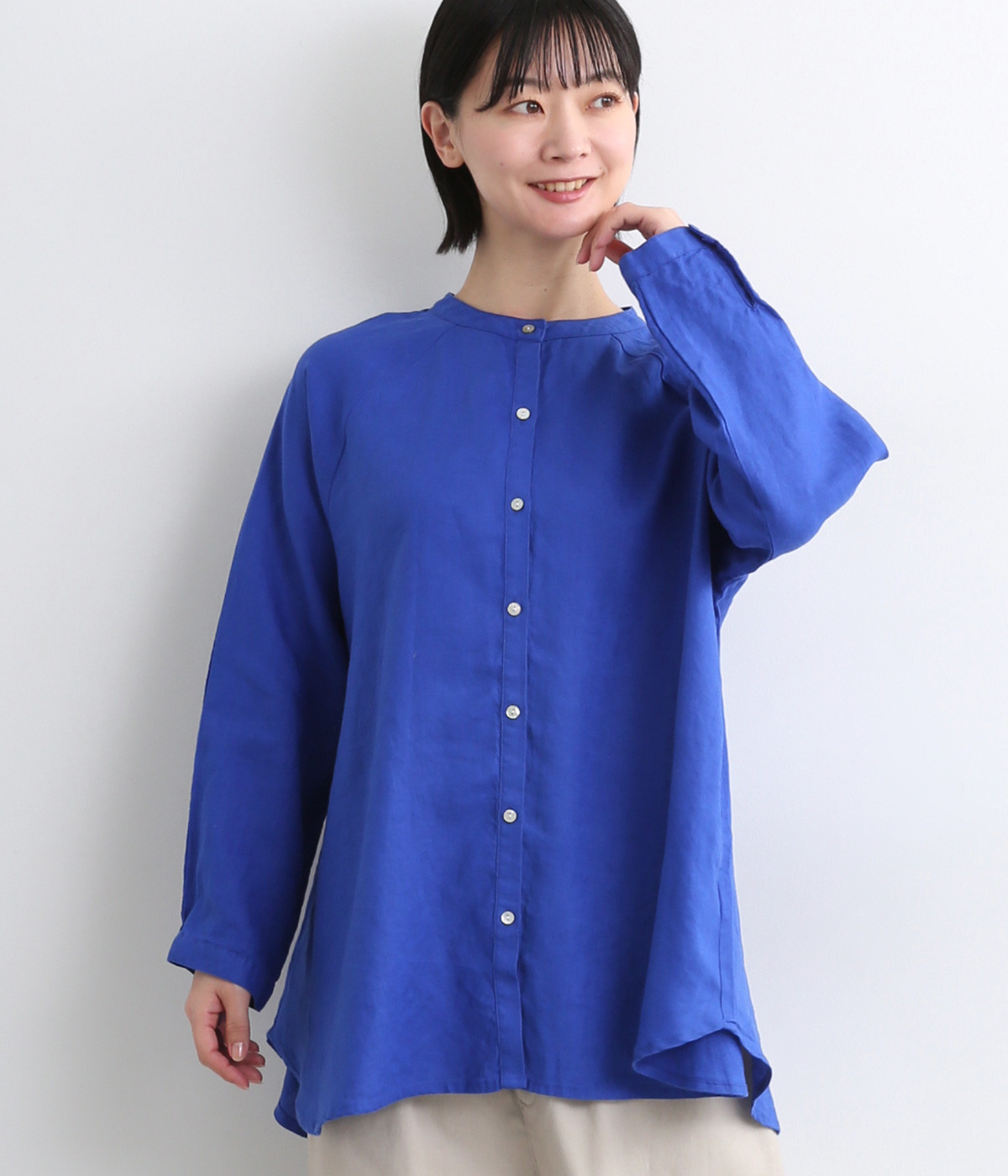 14番手リネン後重ねドルマンバンド襟シャツ(ロイヤルブルー-ONESIZE)