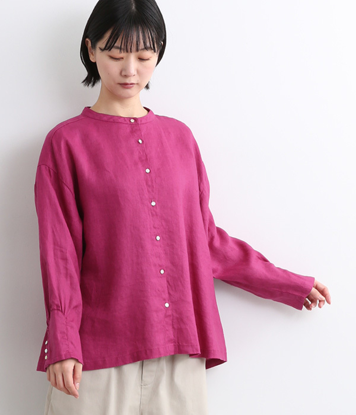 14番手リネン袖口多ボタンデザインブラウス(ラズベリー-ONESIZE)