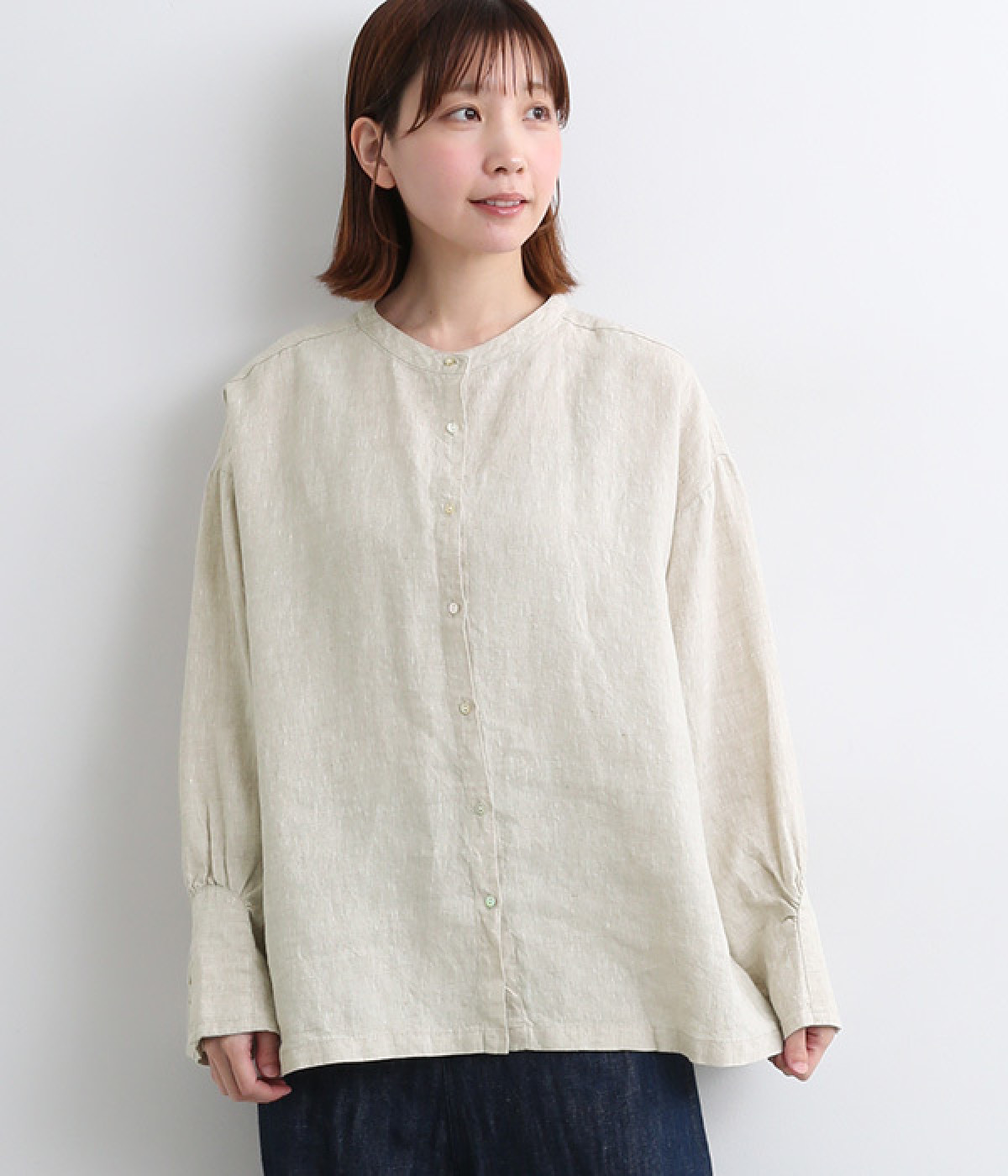 14番手リネン袖口多ボタンデザインブラウス(キナリ-ONESIZE)