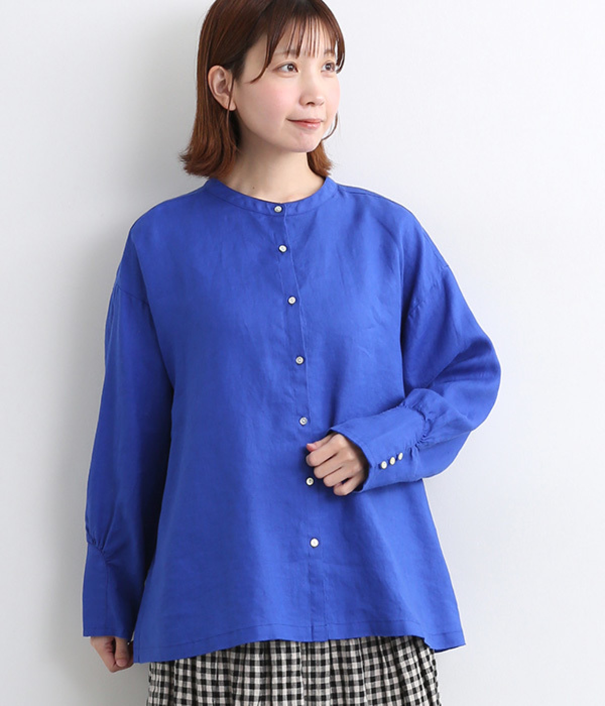 14番手リネン袖口多ボタンデザインブラウス(ロイヤルブルー-ONESIZE)