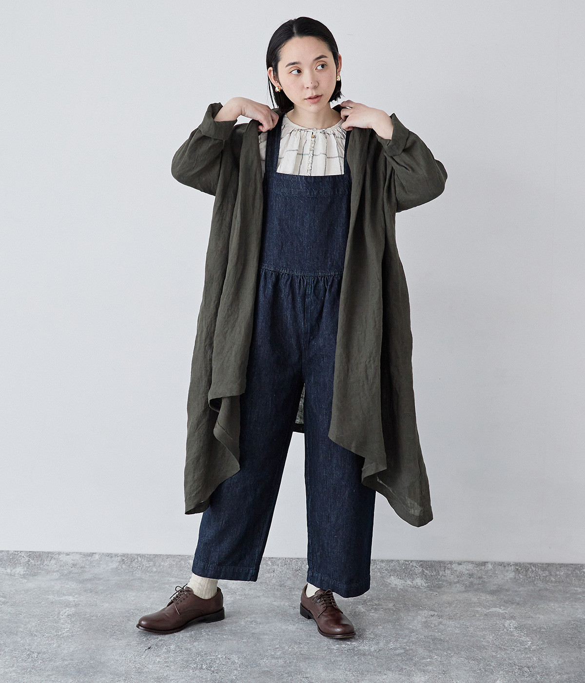 リネンシャンブレーガウン風羽織(チャコール-ONESIZE)