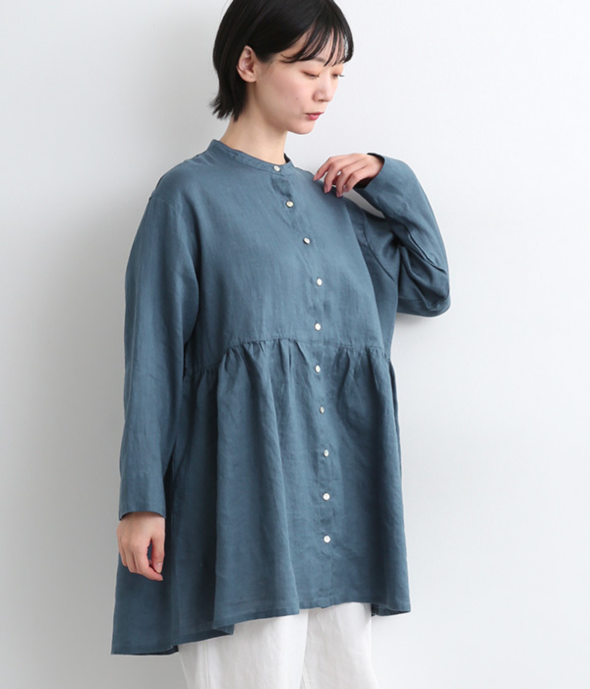 21番手リネンウエストギャザーチュニック(ダルブルー-ONESIZE)