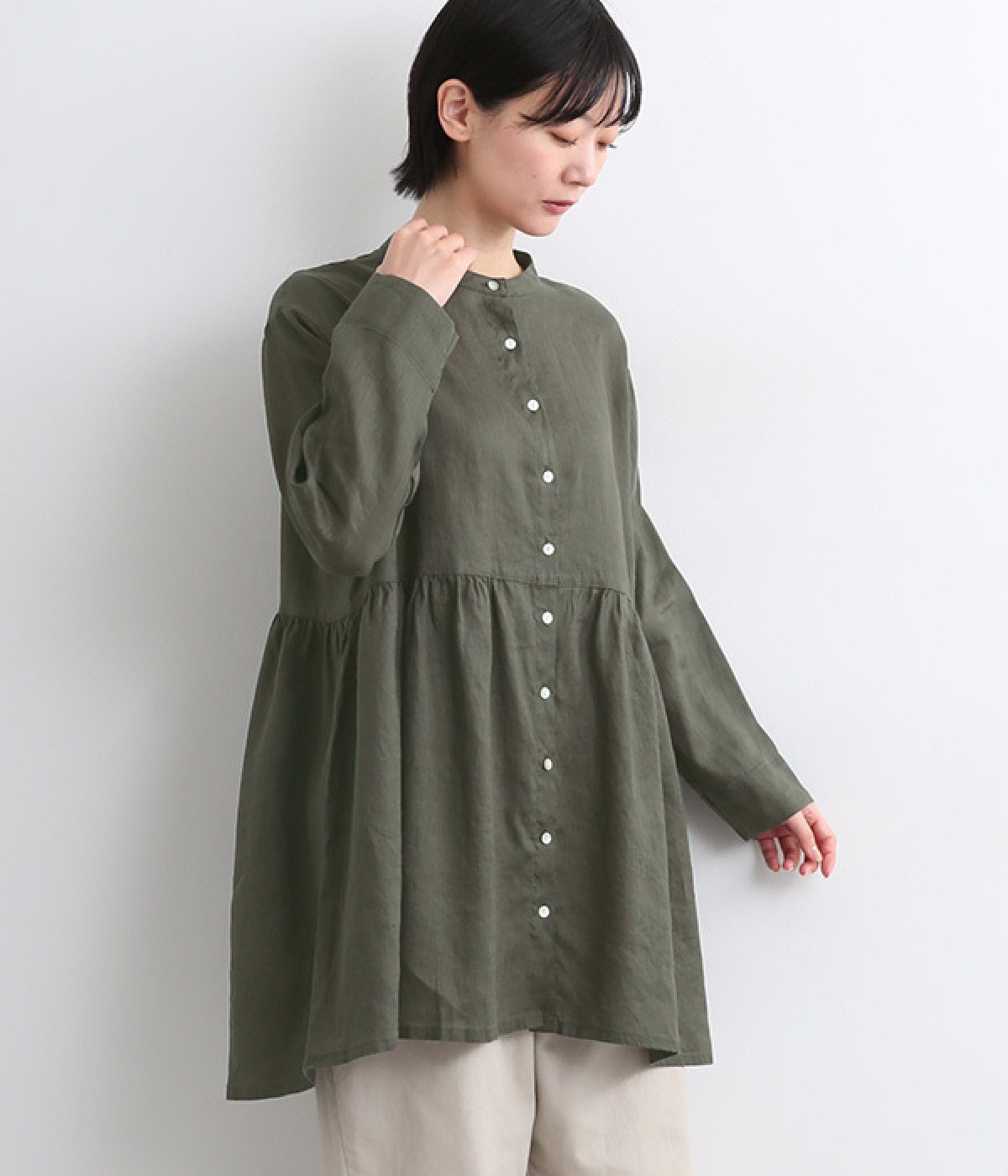 21番手リネンウエストギャザーチュニック(ダークグリーン-ONESIZE)