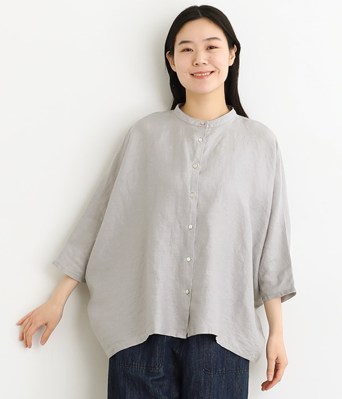 14番手リネンドルマンスリーブ前あきブラウス(スチールグレー-ONESIZE)