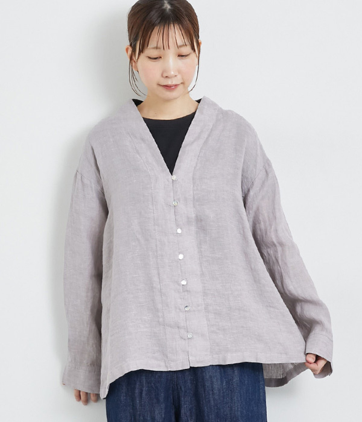 リネンシャンブレーループボタンブラウス(スチールグレー-ONESIZE)