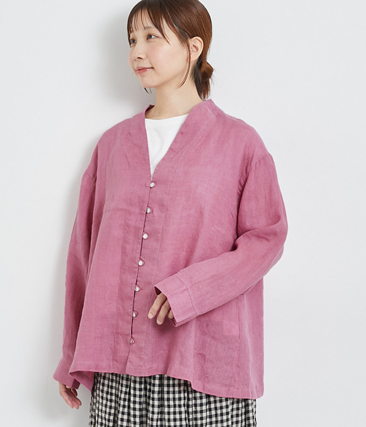 リネンシャンブレーループボタンブラウス(マゼンダ-ONESIZE)